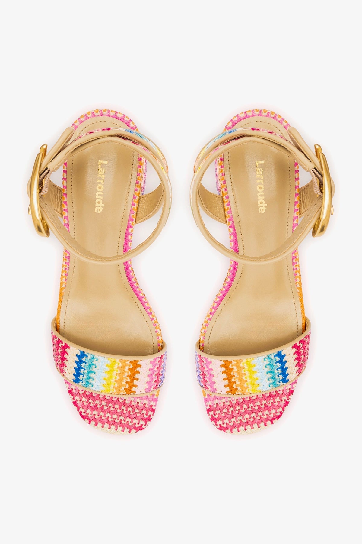 Dolly Verona Low Sandal In Rainbow Raffia and Beige Leather - Larroude