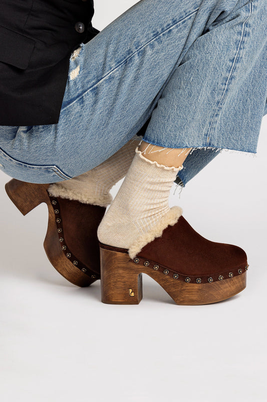 Miso Wooden Platform Clog In Brown Suede And Natural Shearling - Larroude