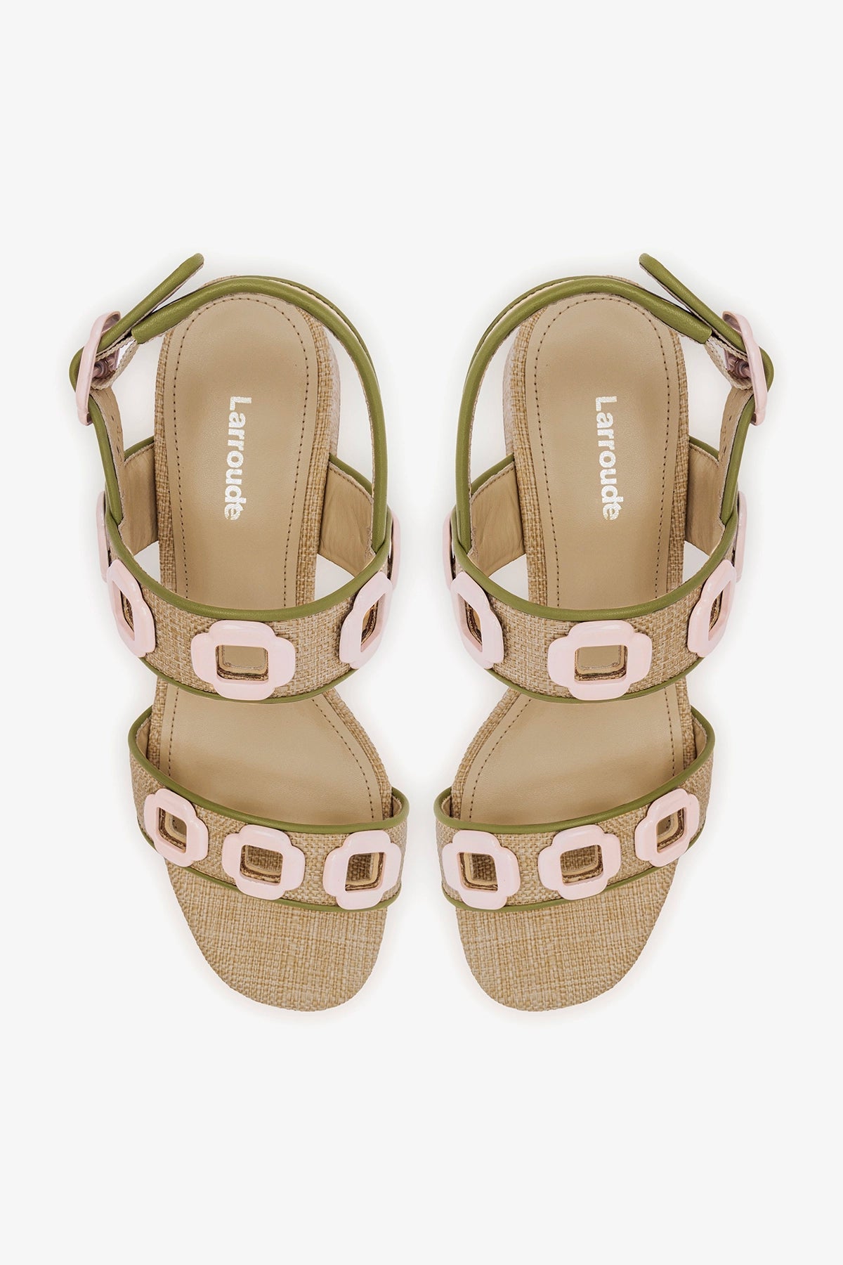 Milan Sandal In Beige Raffia and Seaweed Leather - Larroude