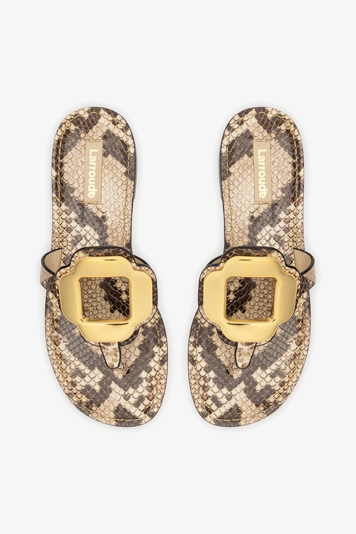 Margherita Thong Sandal in Neutral Snake Leather and Gold Hardware - Larroude