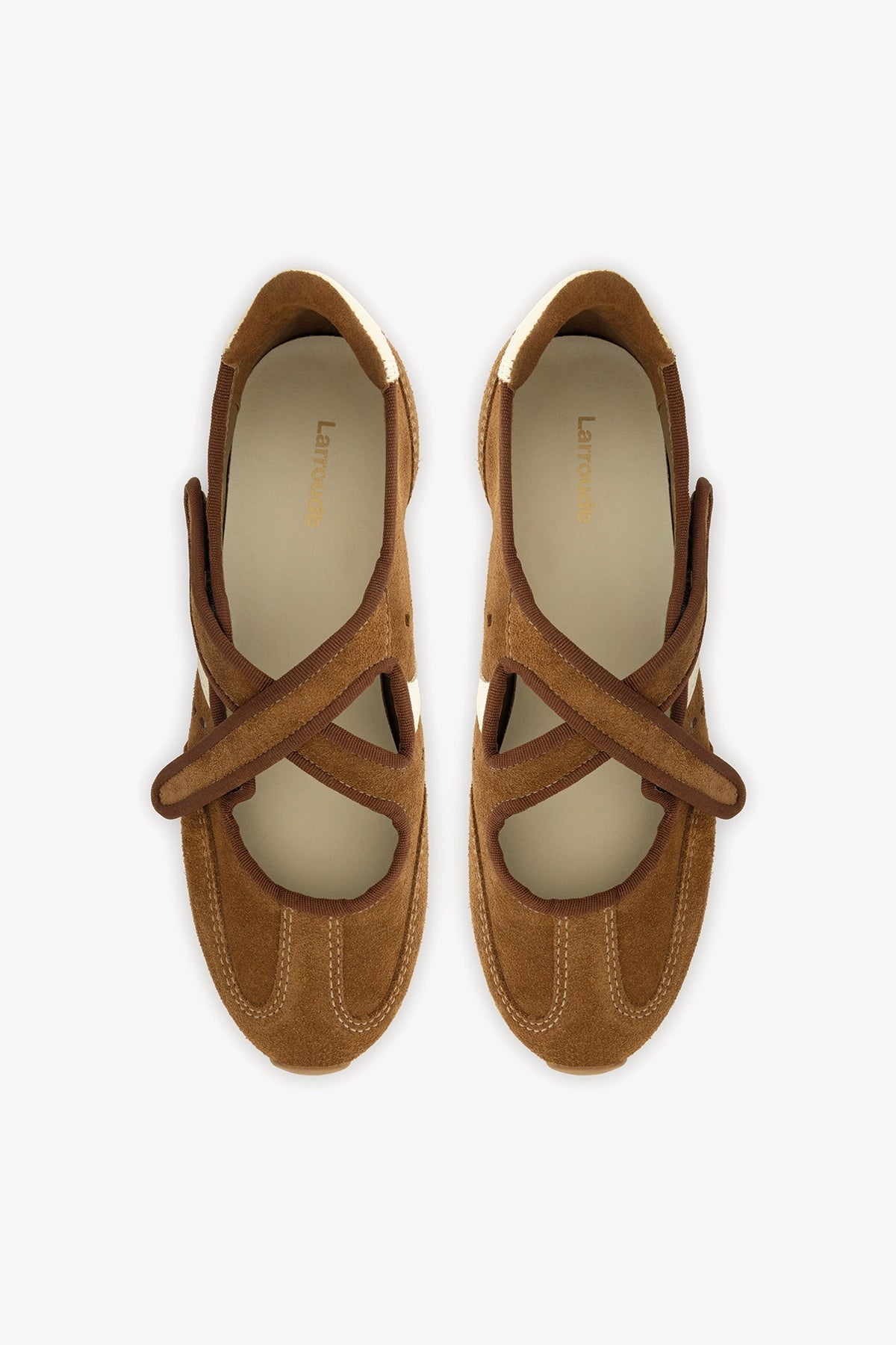 Stella Ballerina Flat In Russet Suede and Ivory Leather - Larroude