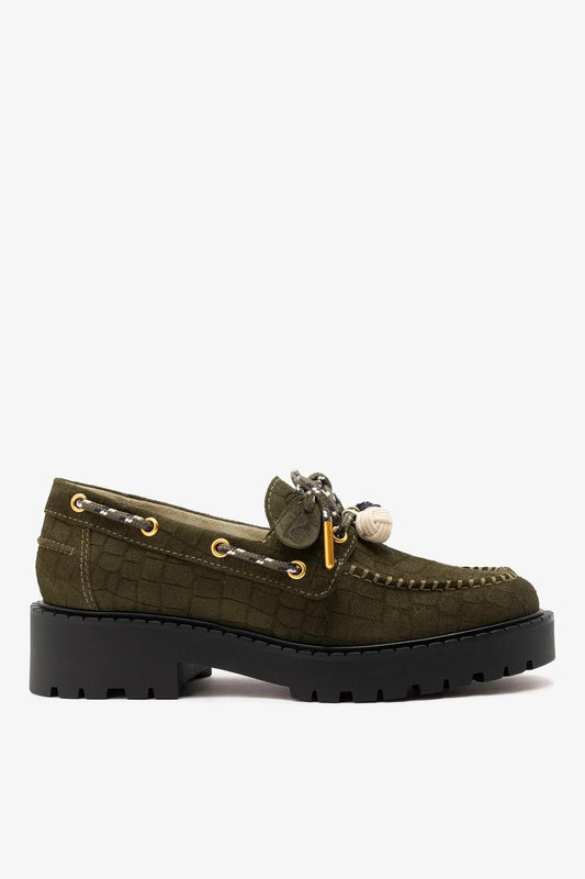 Cyprus Lugsole Loafer Olive Croco Suede - Larroude