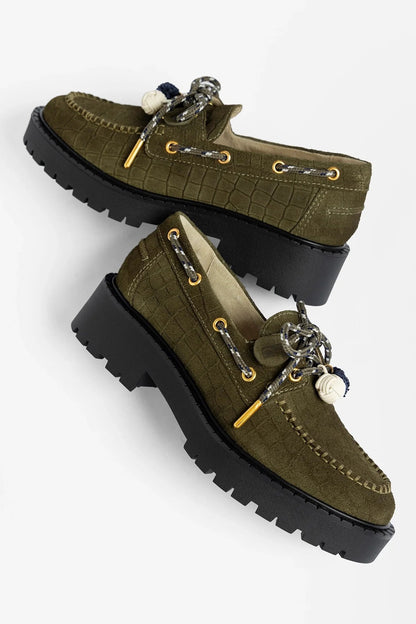 Cyprus Lugsole Loafer Olive Croco Suede - Larroude