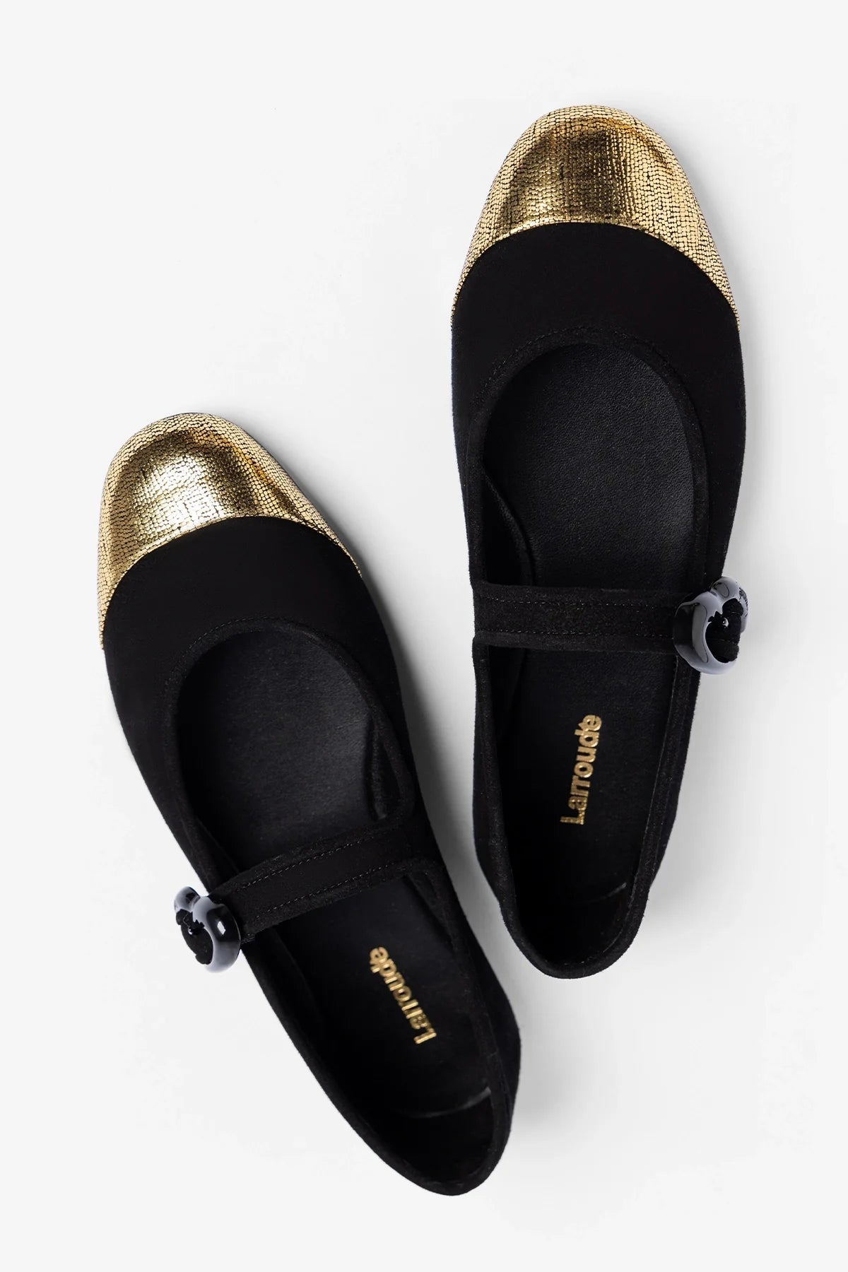 Verona Cap Ballet Flat Black Suede and Gold Leather - Larroude