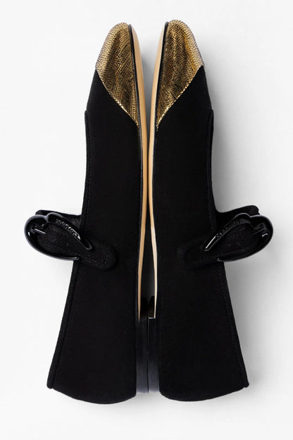 Verona Cap Ballet Flat Black Suede and Gold Leather - Larroude