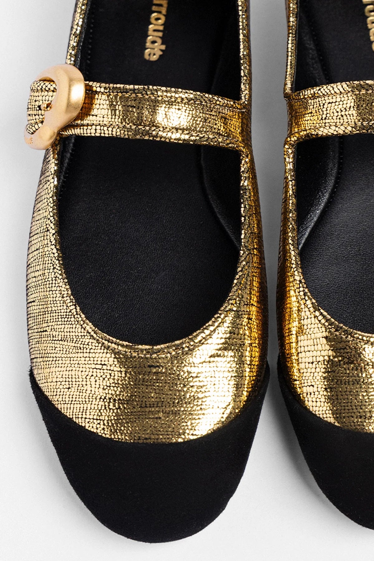 Verona Cap Ballet Flat Gold Leather and Black Suede - Larroude