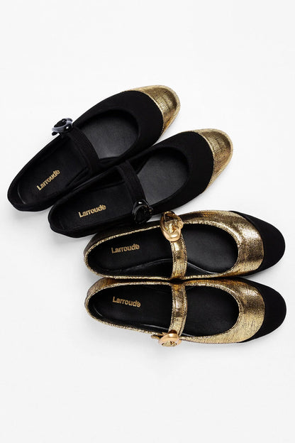 Verona Cap Ballet Flat Gold Leather and Black Suede - Larroude