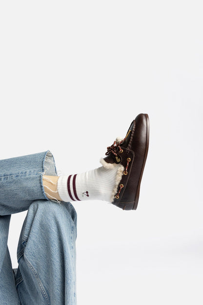 Cyprus Boat Shoe In Brown Leather and Natural Shearling - Larroude