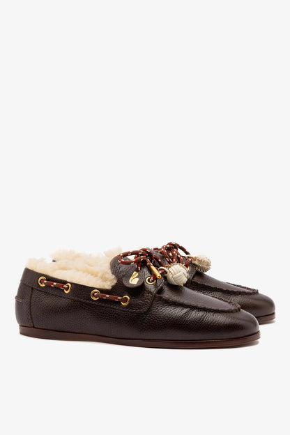 Cyprus Boat Shoe In Brown Leather and Natural Shearling - Larroude