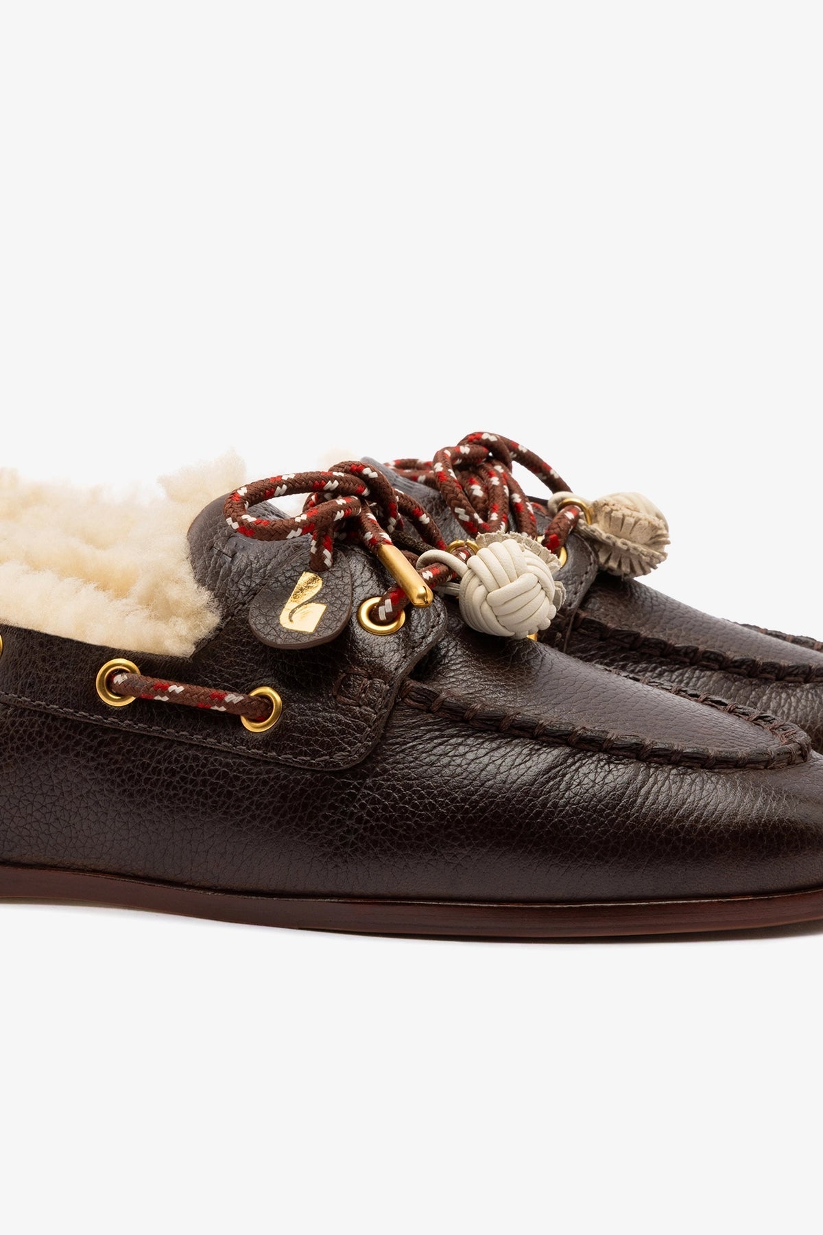 Cyprus Boat Shoe In Brown Leather and Natural Shearling - Larroude