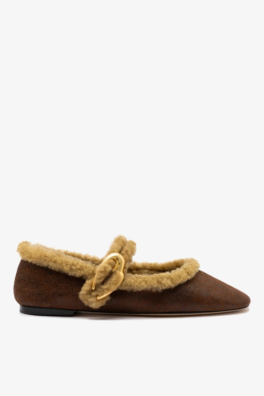 Verona Ballet Flat In Cocoa Leather And Natural Shearling - Larroude