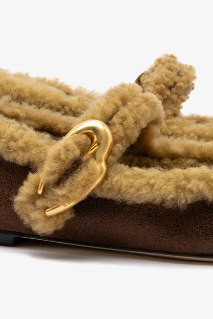 Verona Ballet Flat In Cocoa Leather And Natural Shearling - Larroude