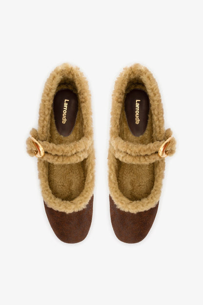 Verona Ballet Flat In Cocoa Leather And Natural Shearling - Larroude