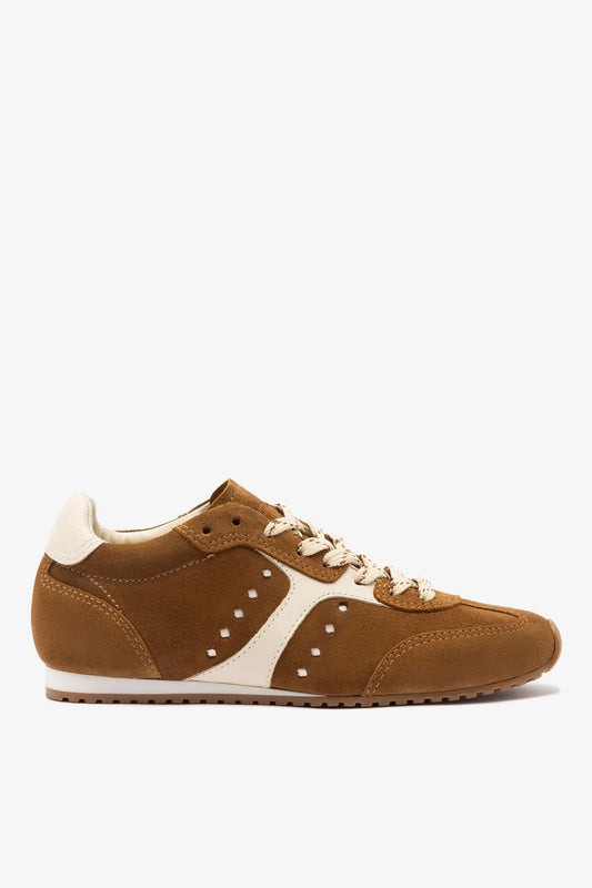 Stella Sneaker In Russet Suede and Ivory Leather - Larroude