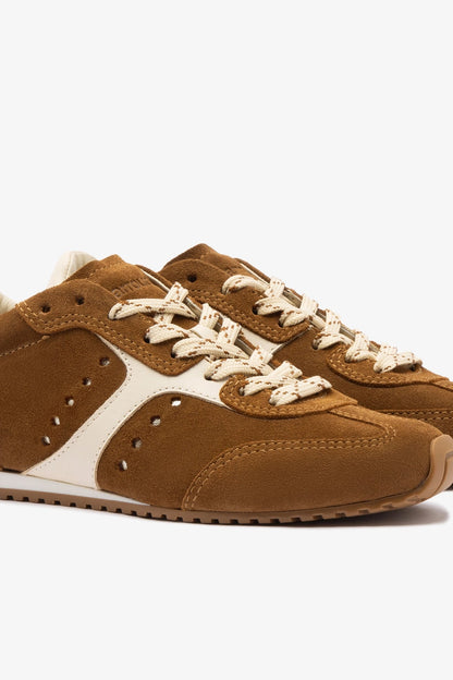 Stella Sneaker In Russet Suede and Ivory Leather - Larroude