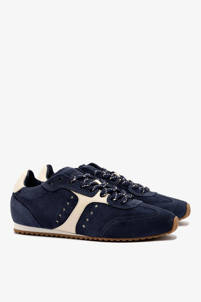 Stella Sneaker In Navy Suede and Ivory Leather - Larroude