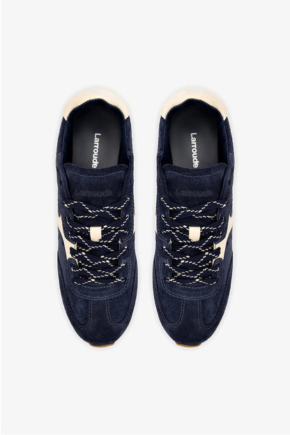 Stella Sneaker In Navy Suede and Ivory Leather - Larroude