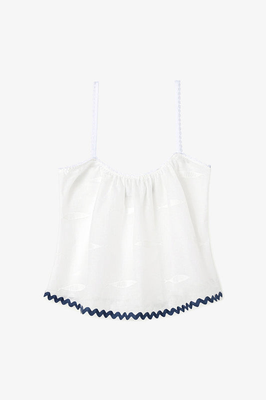 The Perfect Tank Top Embroidered Fish with Navy Trim - Larroude