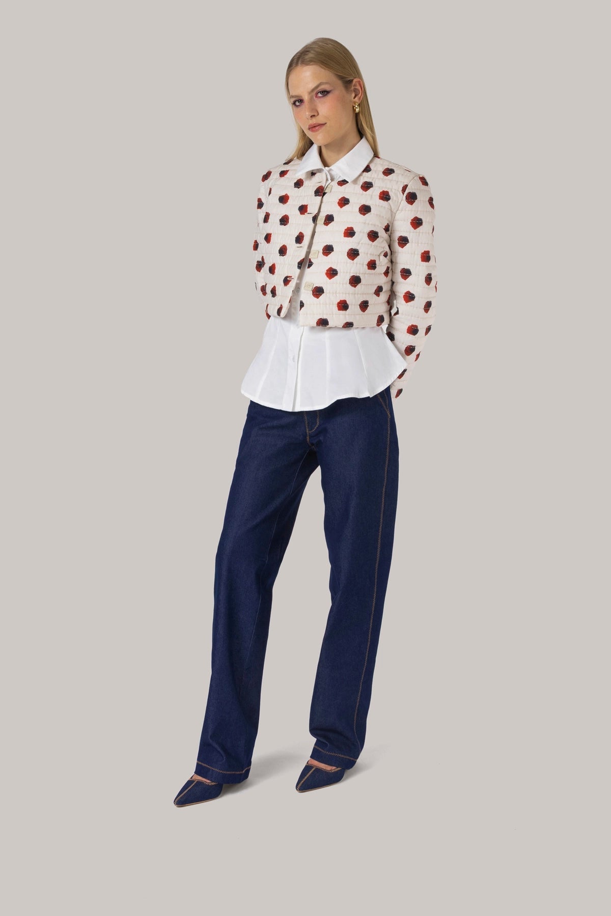 Gloria Cropped Jacket White Floral Cotton - Larroude