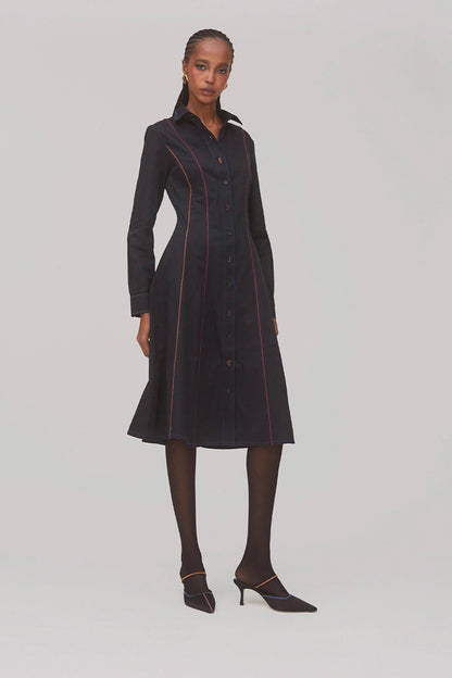 Elena Buttondown Dress In Black Percale - Larroude