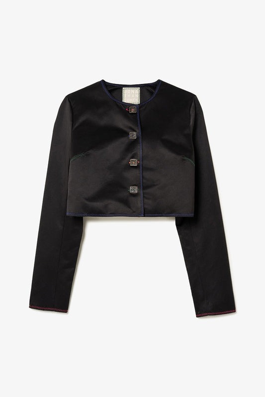 Gloria Cropped Jacket In Black Satin - Larroude