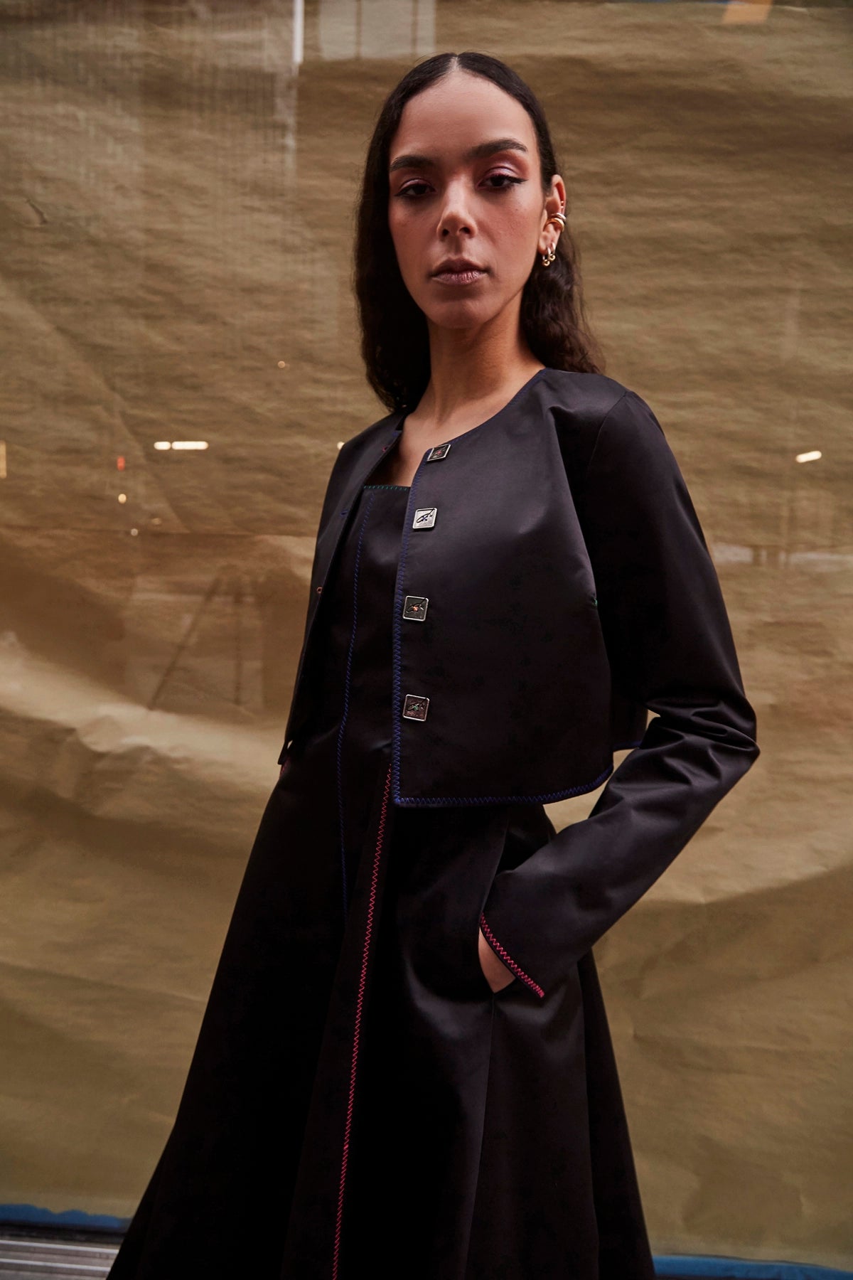 Gloria Cropped Jacket In Black Satin - Larroude