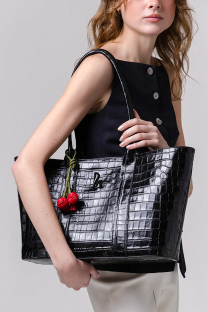 City Tote Bag Black Croco Leather - Larroude