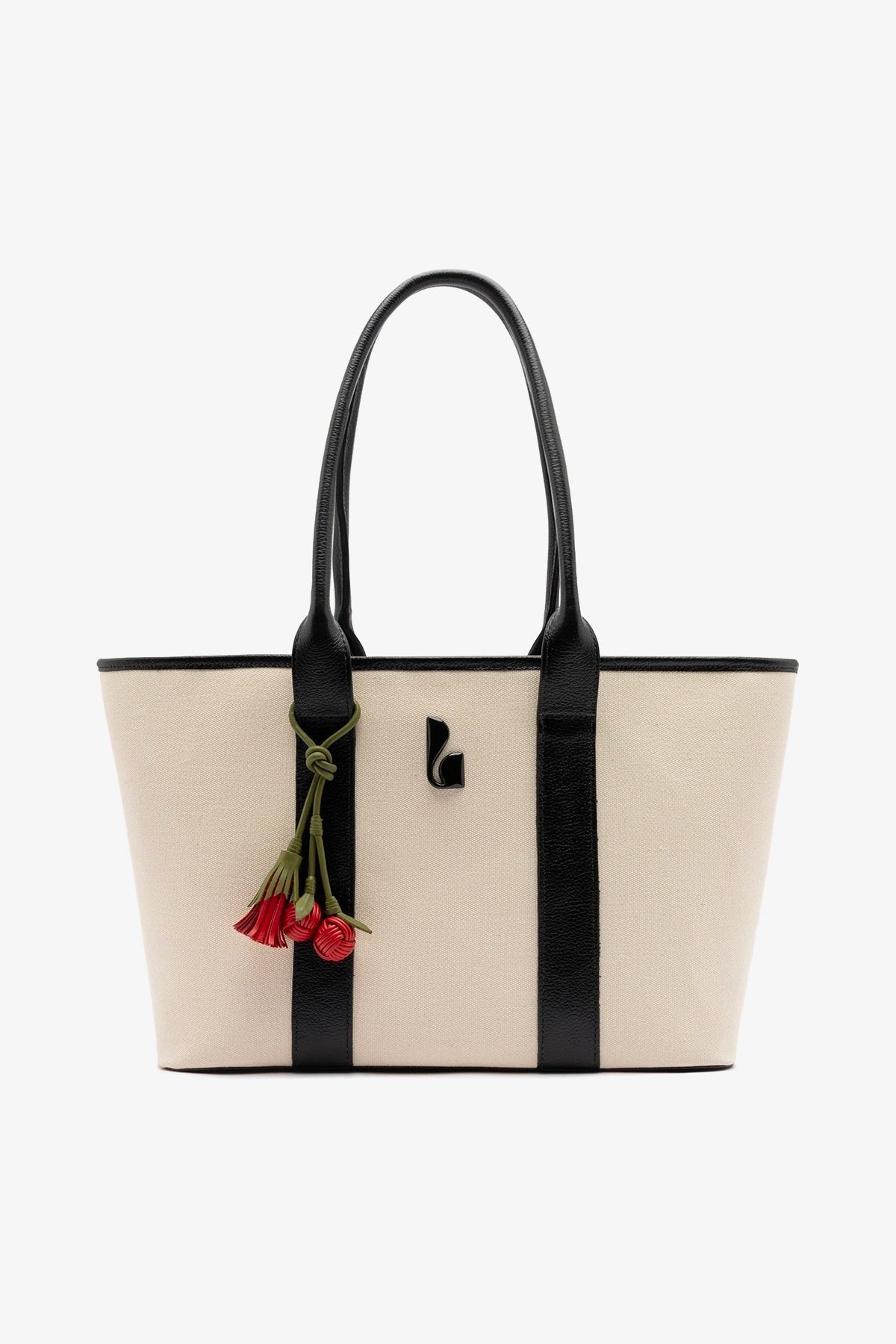 City Tote Bag Natural Canvas and Black Leather - Larroude