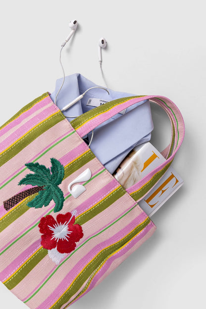 Poppy Mini Tote Bag In Tulip And Emerald Raffia - Larroude