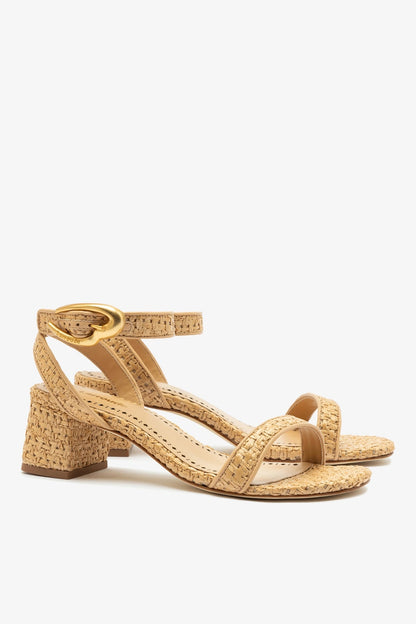 Verona Block Sandal In Beige Leather and Natural Raffia - Larroude