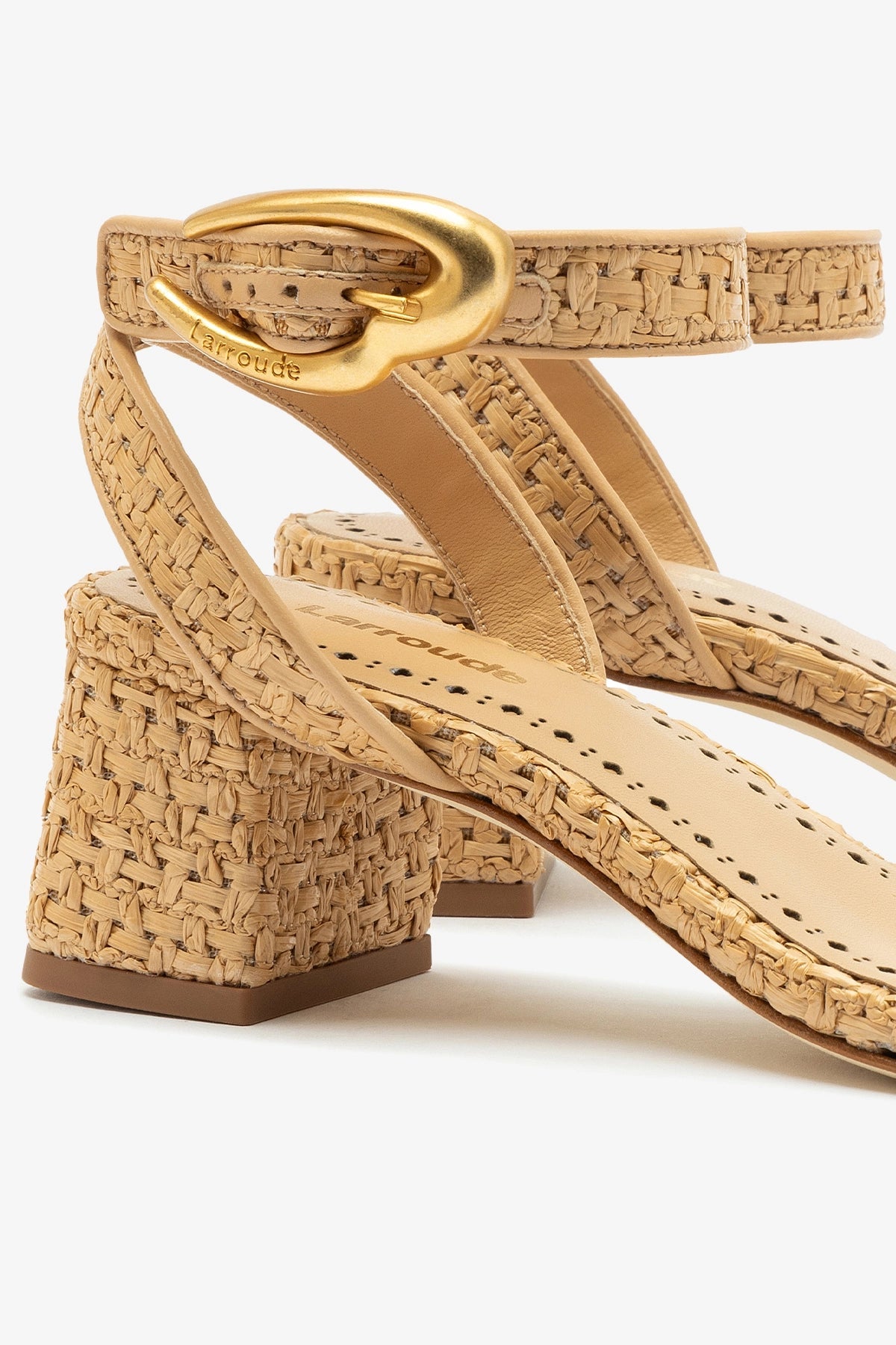 Verona Block Sandal In Beige Leather and Natural Raffia - Larroude