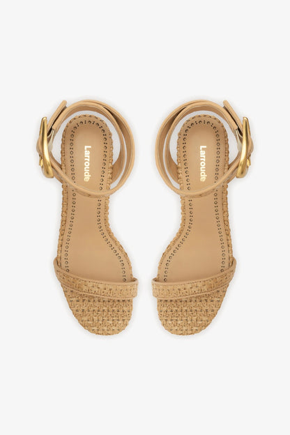 Verona Block Sandal In Beige Leather and Natural Raffia - Larroude