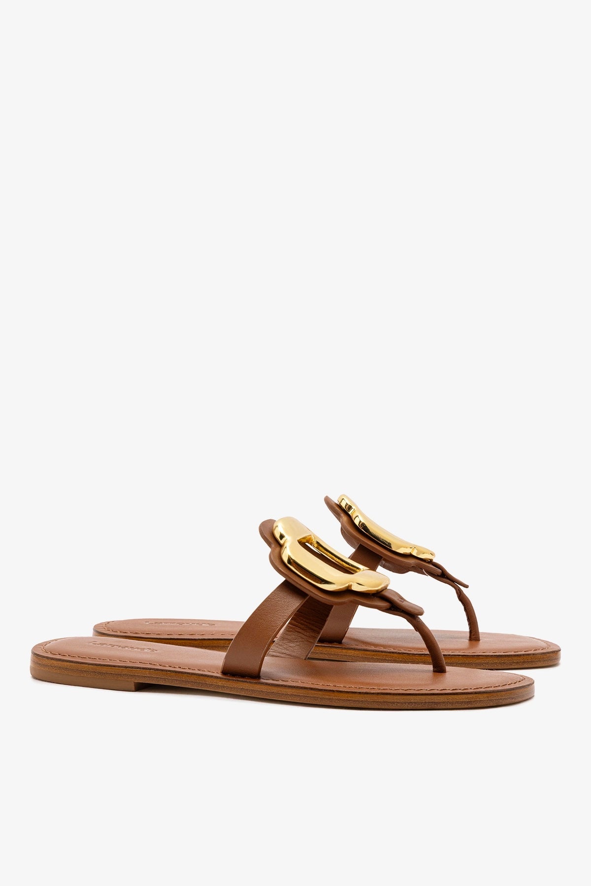Margherita Thong Sandal in Caramel Leather and Gold Hardware - Larroude