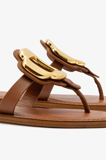 Margherita Thong Sandal in Caramel Leather and Gold Hardware - Larroude