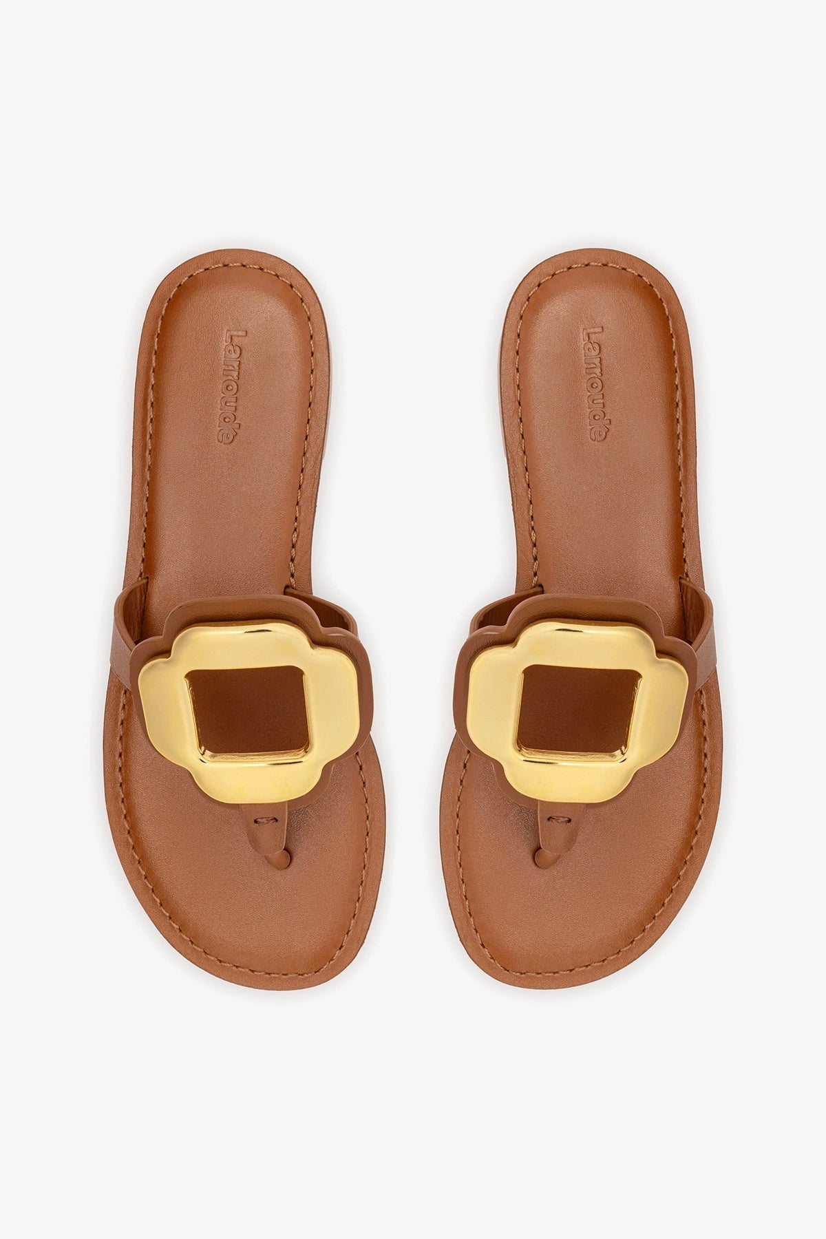 Margherita Thong Sandal in Caramel Leather and Gold Hardware - Larroude
