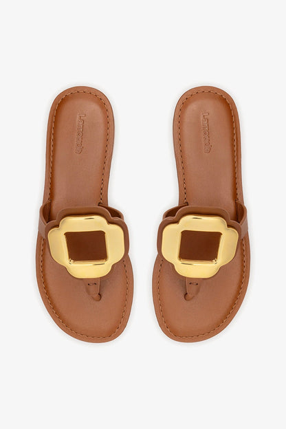Margherita Thong Sandal in Caramel Leather and Gold Hardware - Larroude