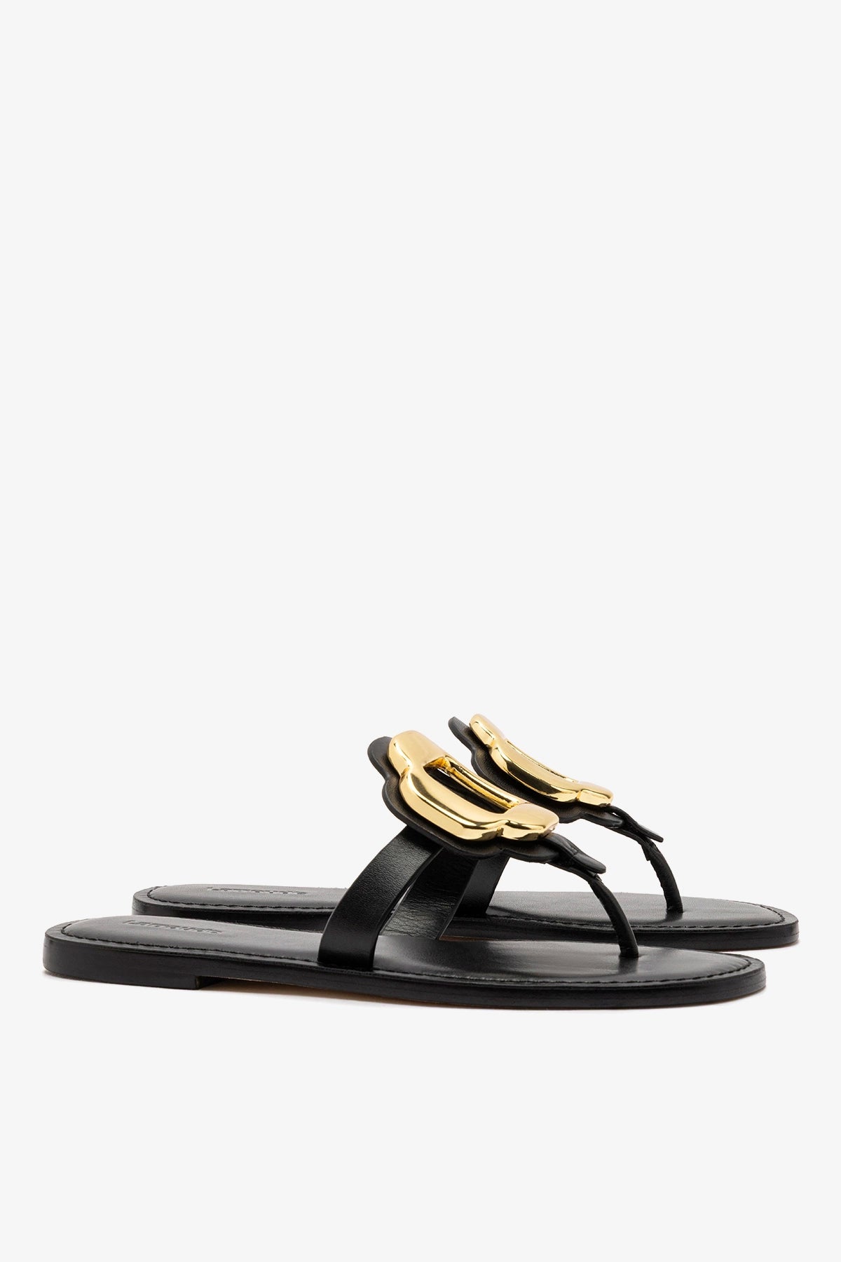 Margherita Thong Sandal in Black Leather and Gold Hardware - Larroude