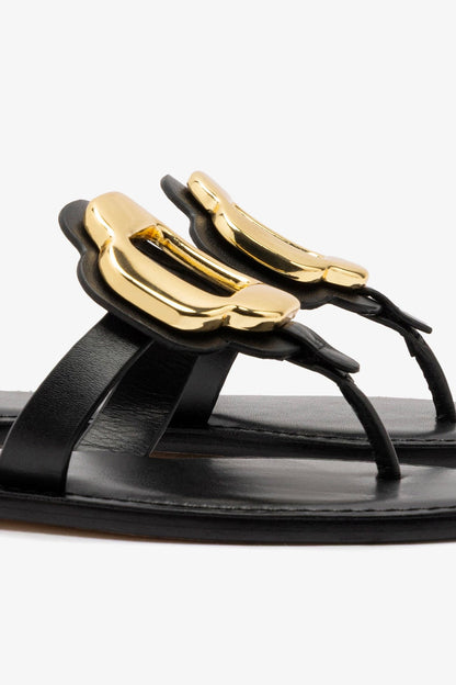 Margherita Thong Sandal in Black Leather and Gold Hardware - Larroude