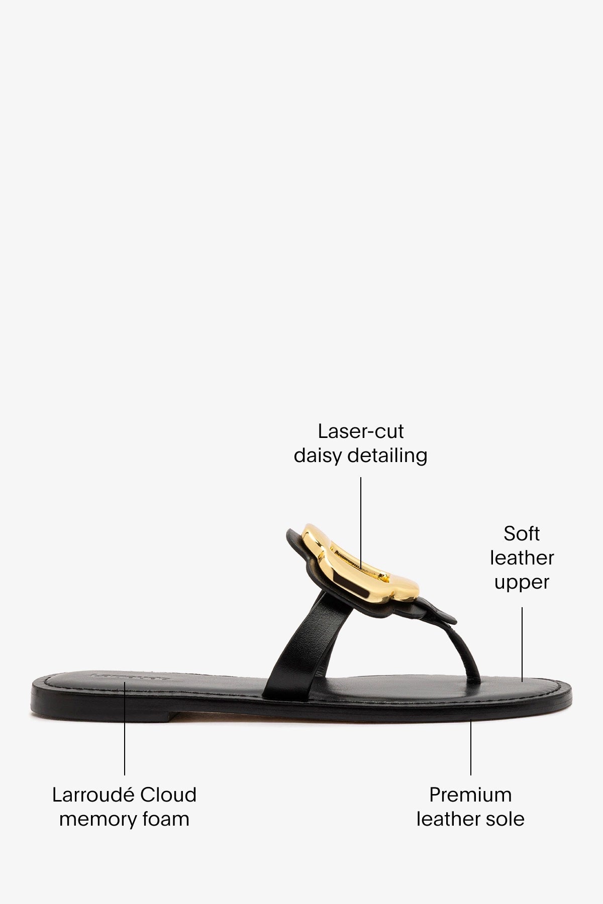 Margherita Thong Sandal in Black Leather and Gold Hardware - Larroude