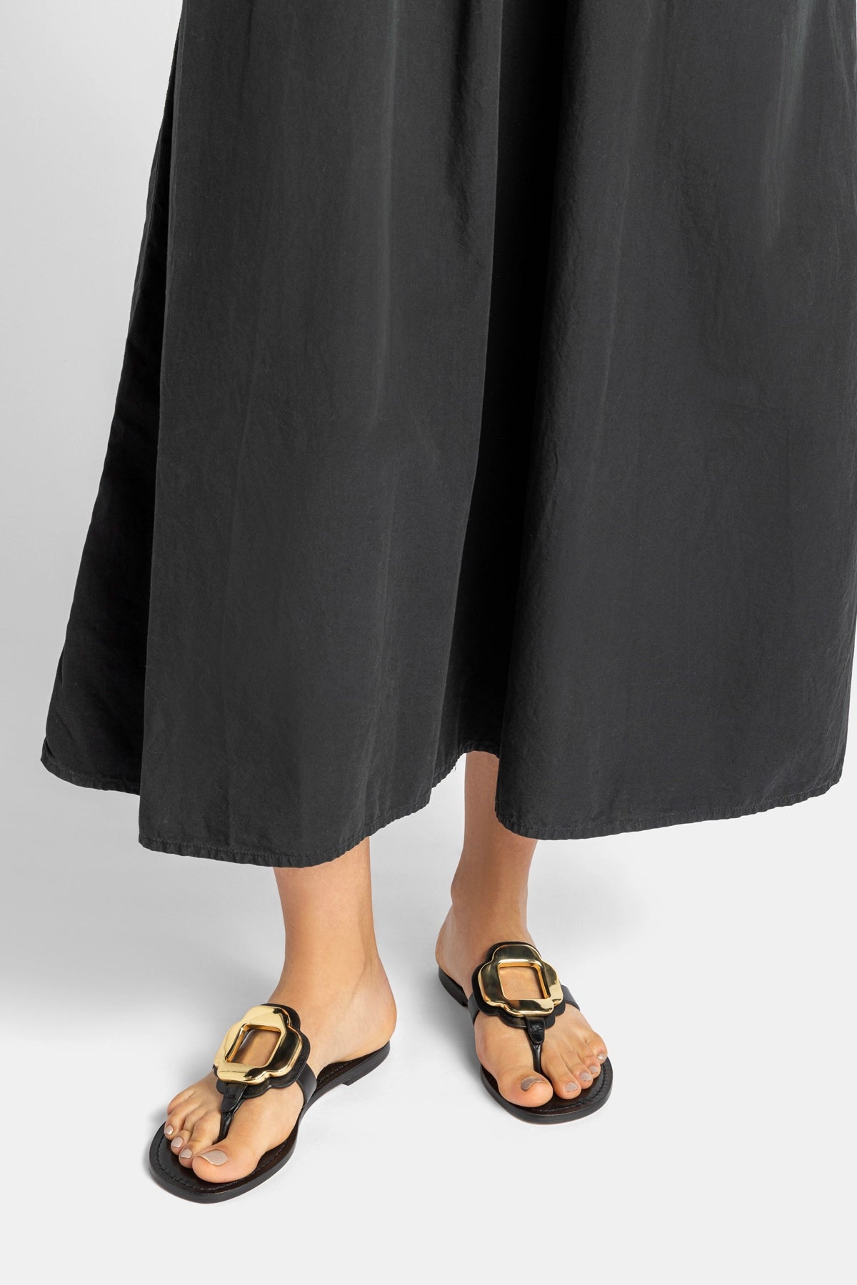 Margherita Thong Sandal in Black Leather and Gold Hardware - Larroude