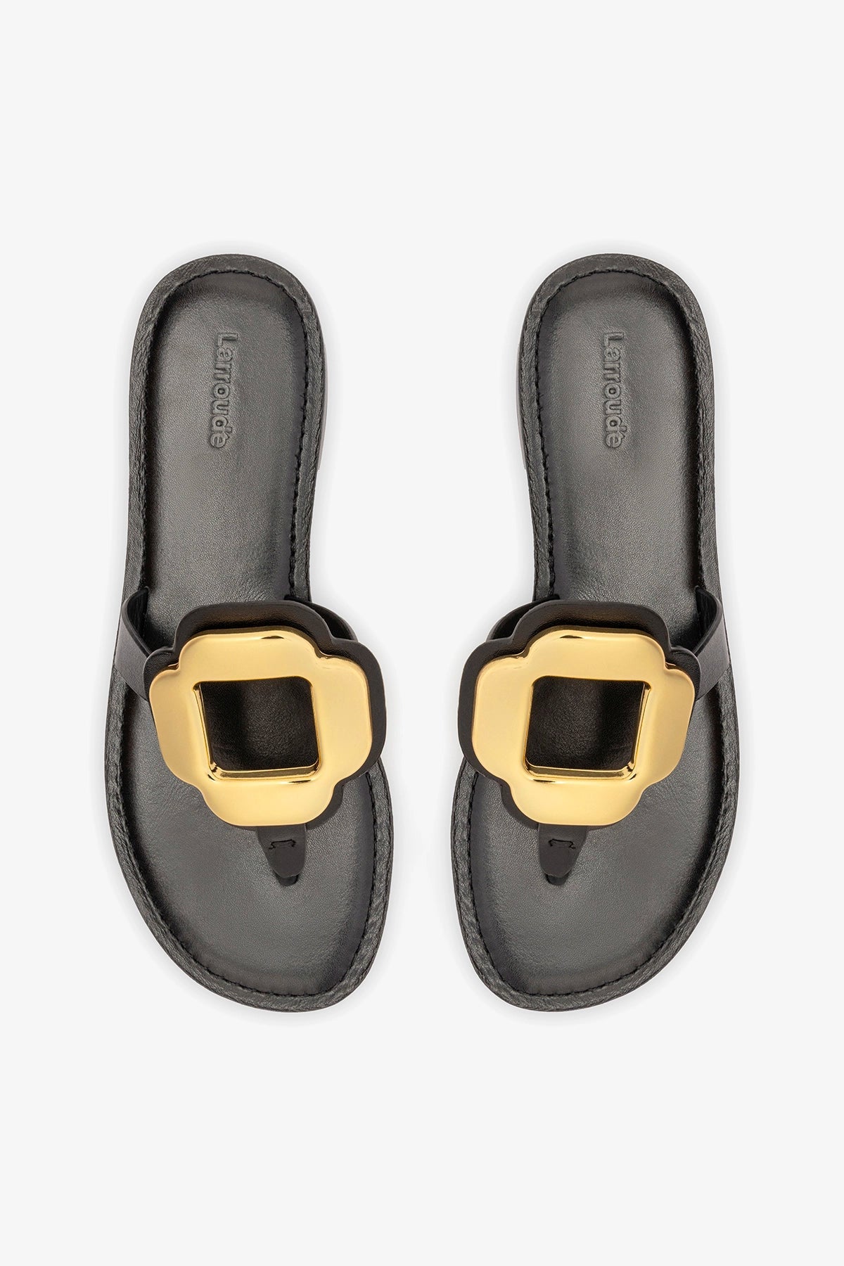 Margherita Thong Sandal in Black Leather and Gold Hardware - Larroude