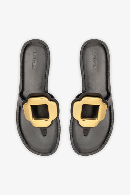 Margherita Thong Sandal in Black Leather and Gold Hardware - Larroude