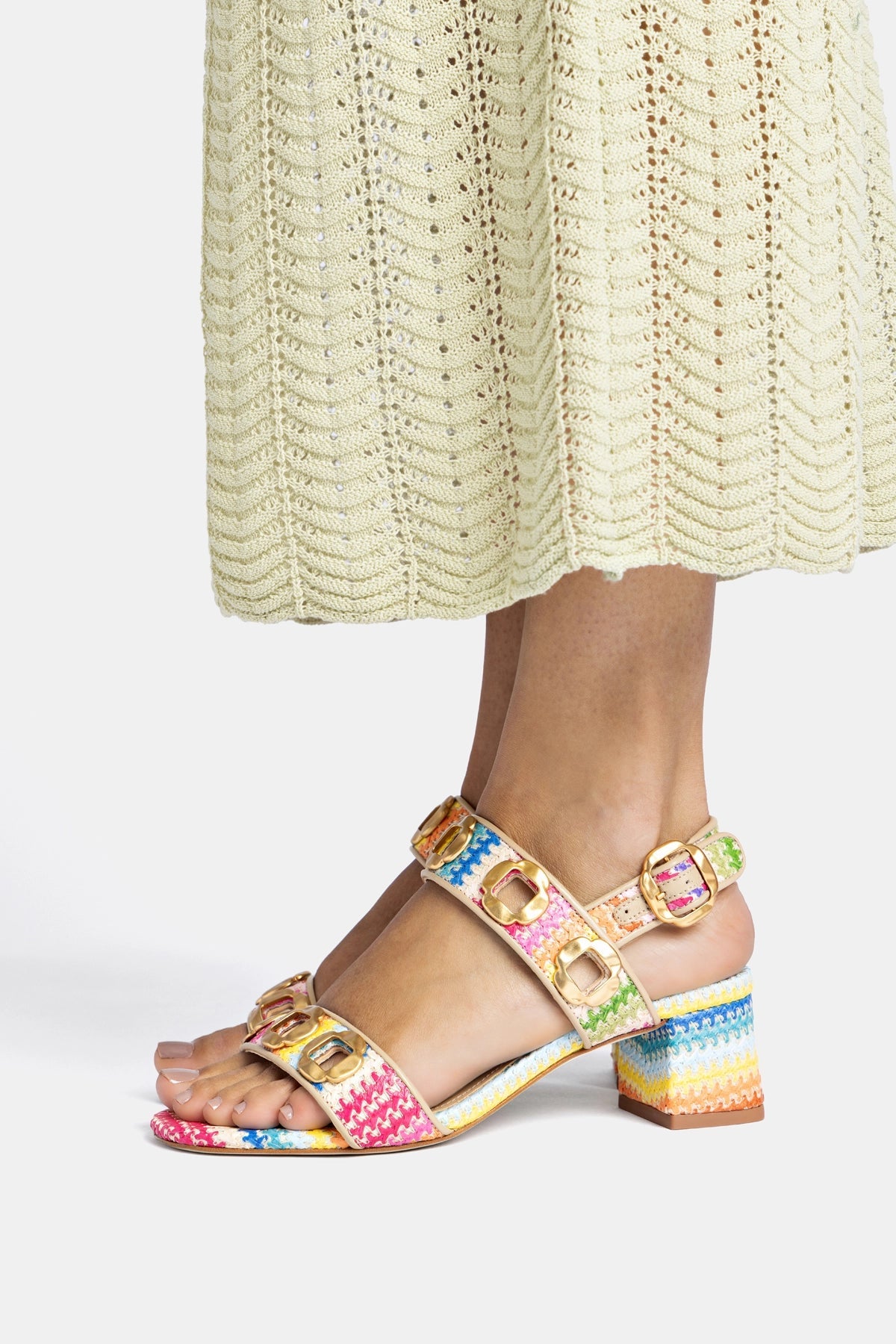 Milan Sandal In Rainbow Raffia and Beige Leather - Larroude