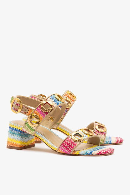 Milan Sandal In Rainbow Raffia and Beige Leather - Larroude