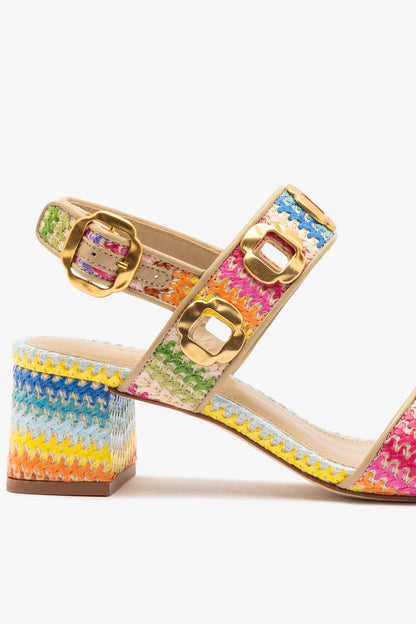 Milan Sandal In Rainbow Raffia and Beige Leather - Larroude