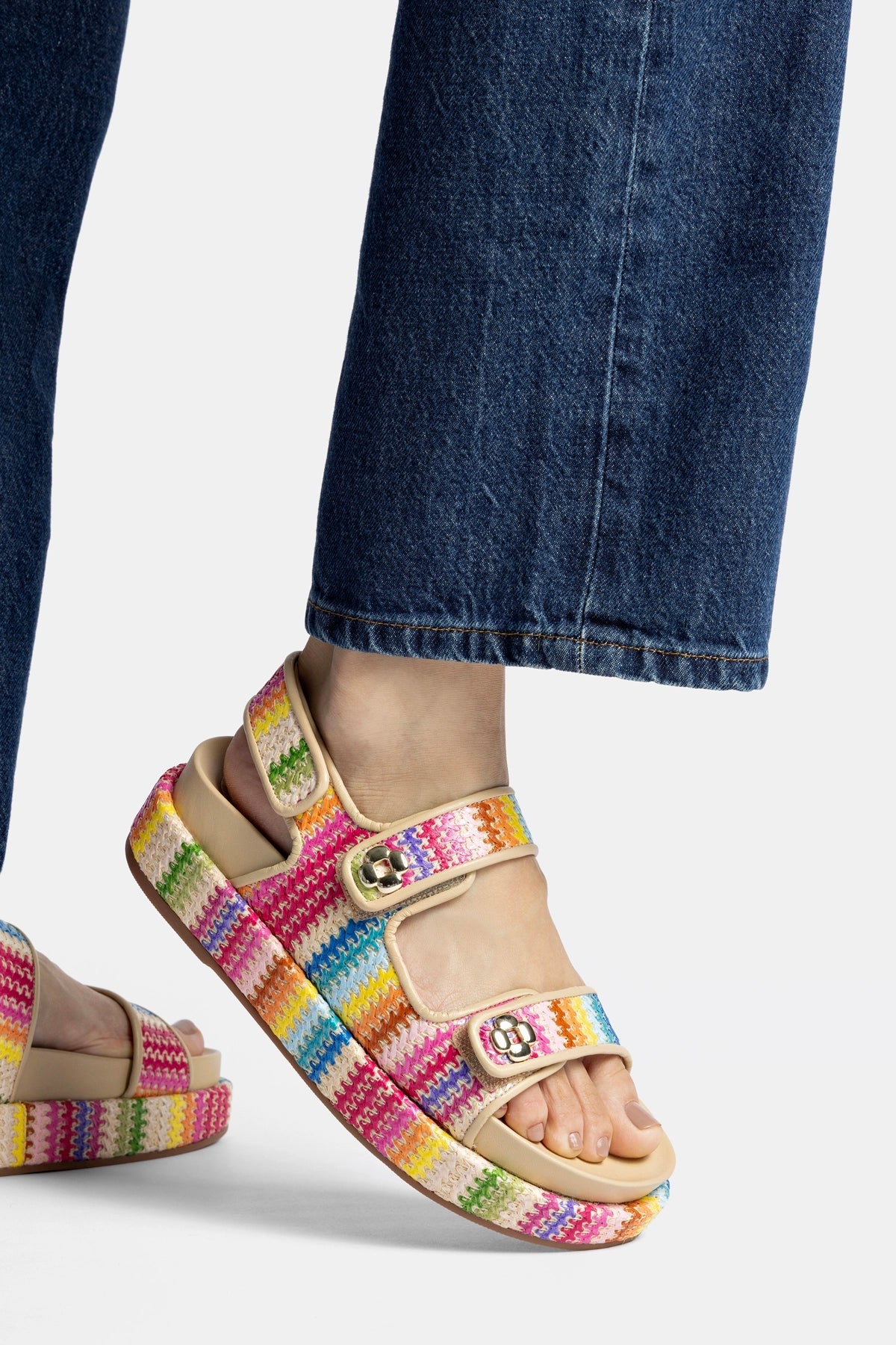Jetty Sandal In Rainbow Raffia and Beige Leather - Larroude