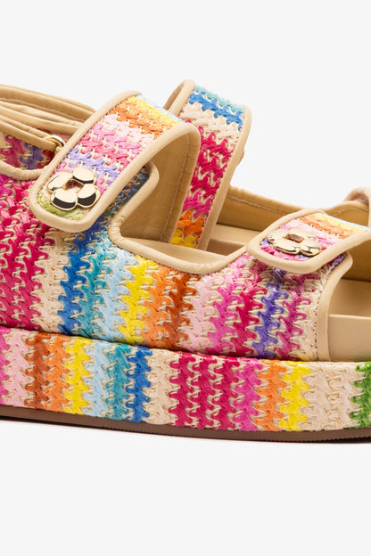 Jetty Sandal In Rainbow Raffia and Beige Leather - Larroude