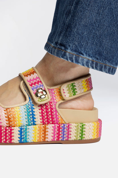 Jetty Sandal In Rainbow Raffia and Beige Leather - Larroude