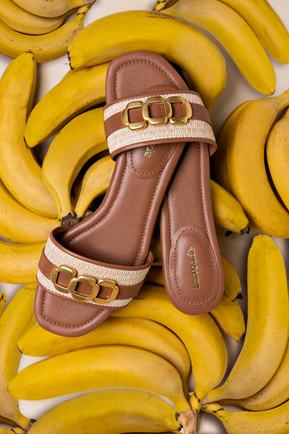 Franca Flat In Natural Raffia And Caramel Leather - Larroude