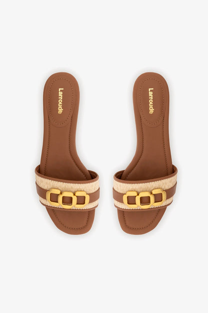 Franca Flat In Natural Raffia And Caramel Leather - Larroude